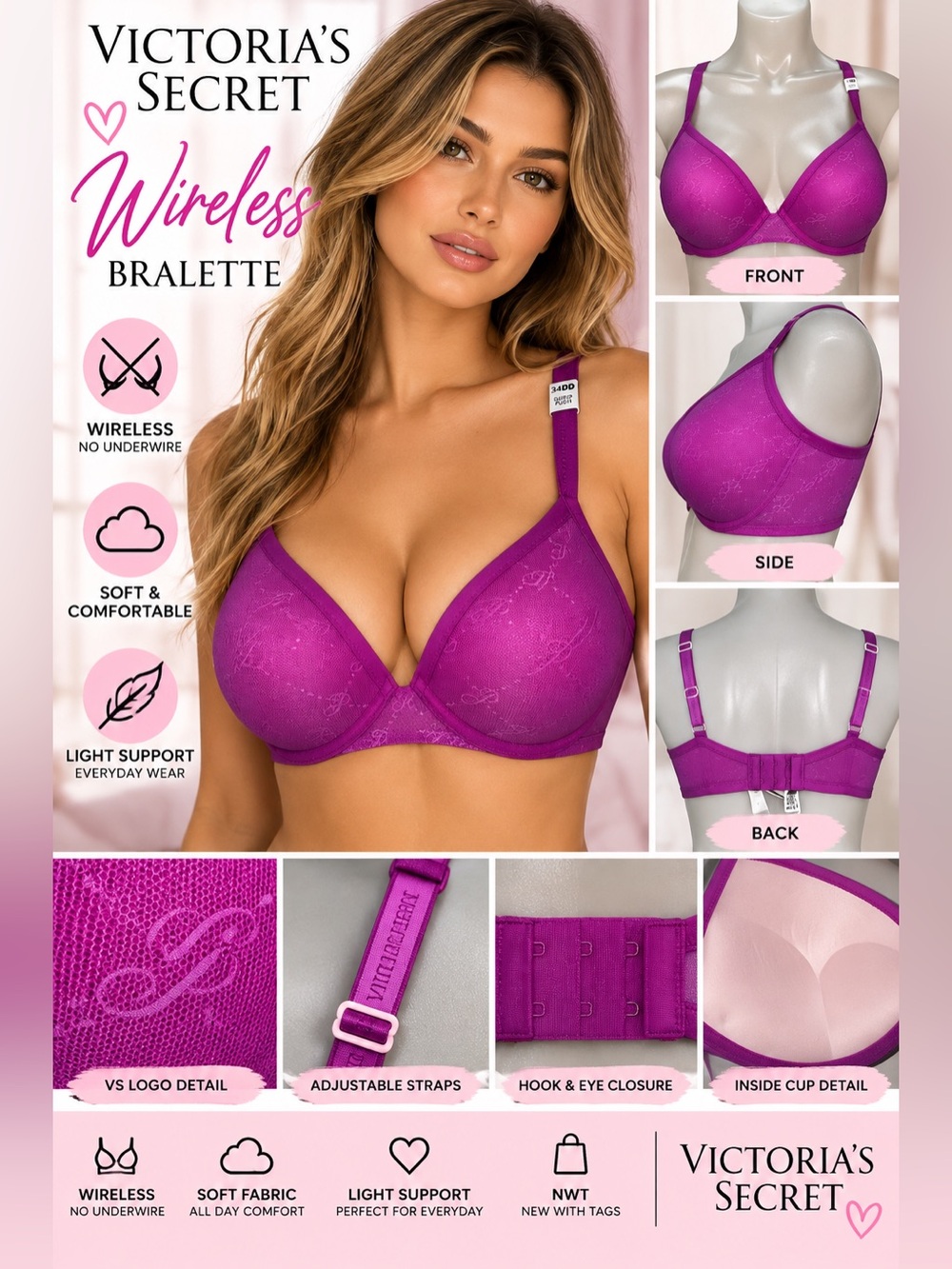 PINK Victoria's Secret Molded Push-Up Bra - Magenta bombshell Sz 34DD NWT